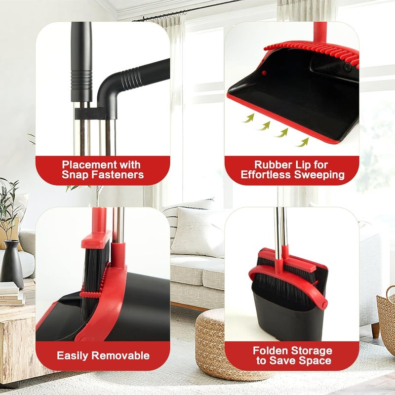 XXFLOWER Broom and Dustpan Set for Home, Broom with Dustpan Cleaning Teeth Combo Set, Indoor Sweep Broom with Long Handle for Office Home Kitchen Lobby Floor (Black Red) - Image 4